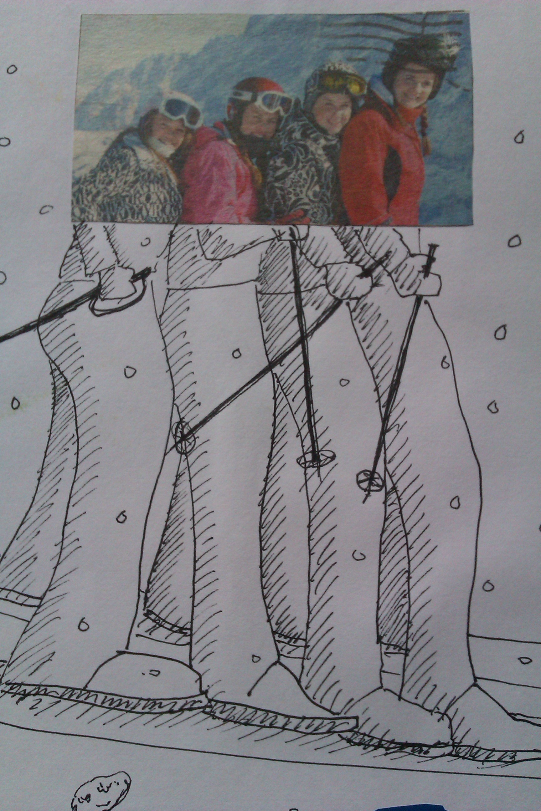 Photographic image expanded with a drawing in black pen on white paper