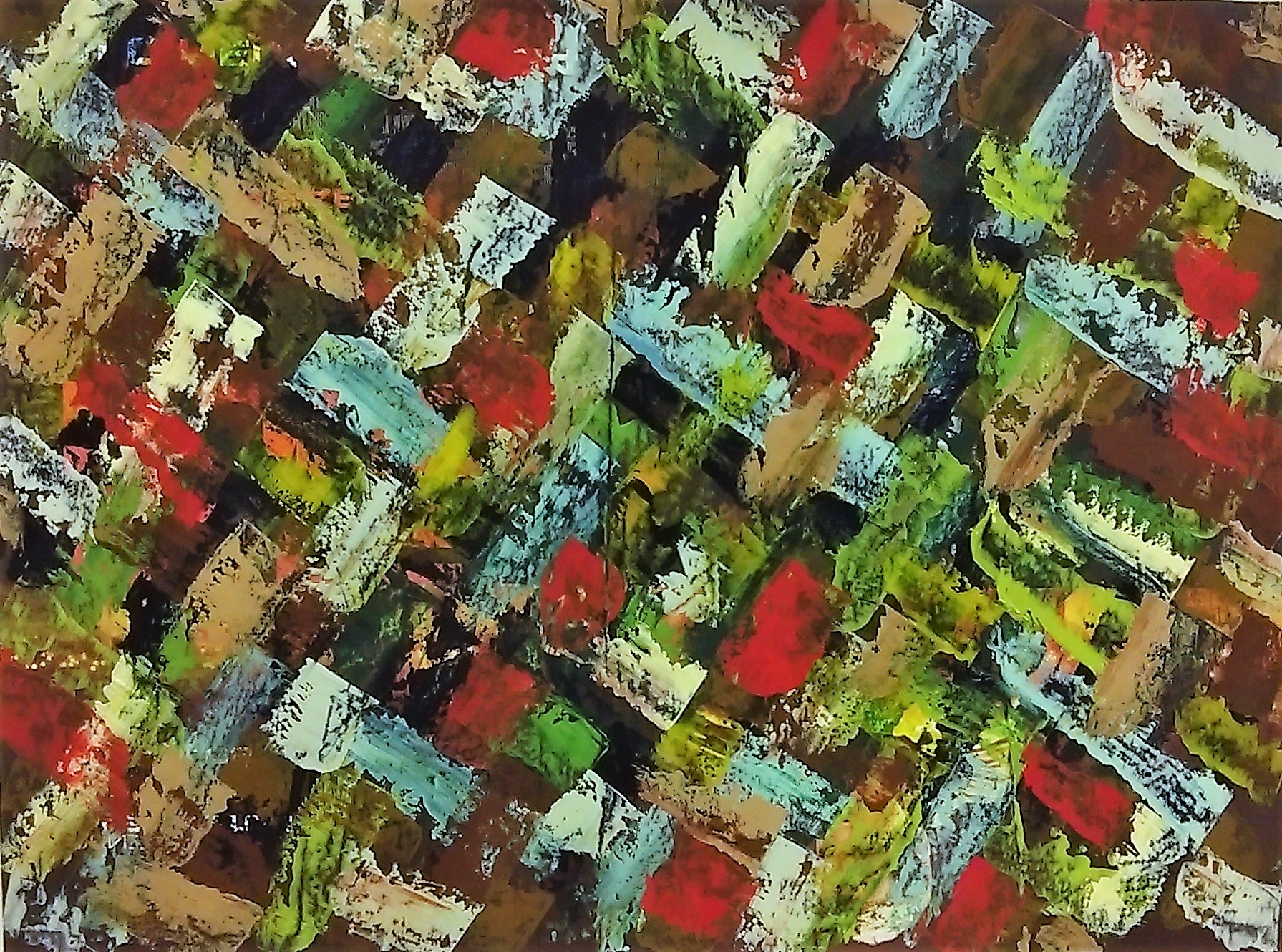 Image of abstract oil painting using a pallete knife to scrape a variety of colours in a criss cross pattern