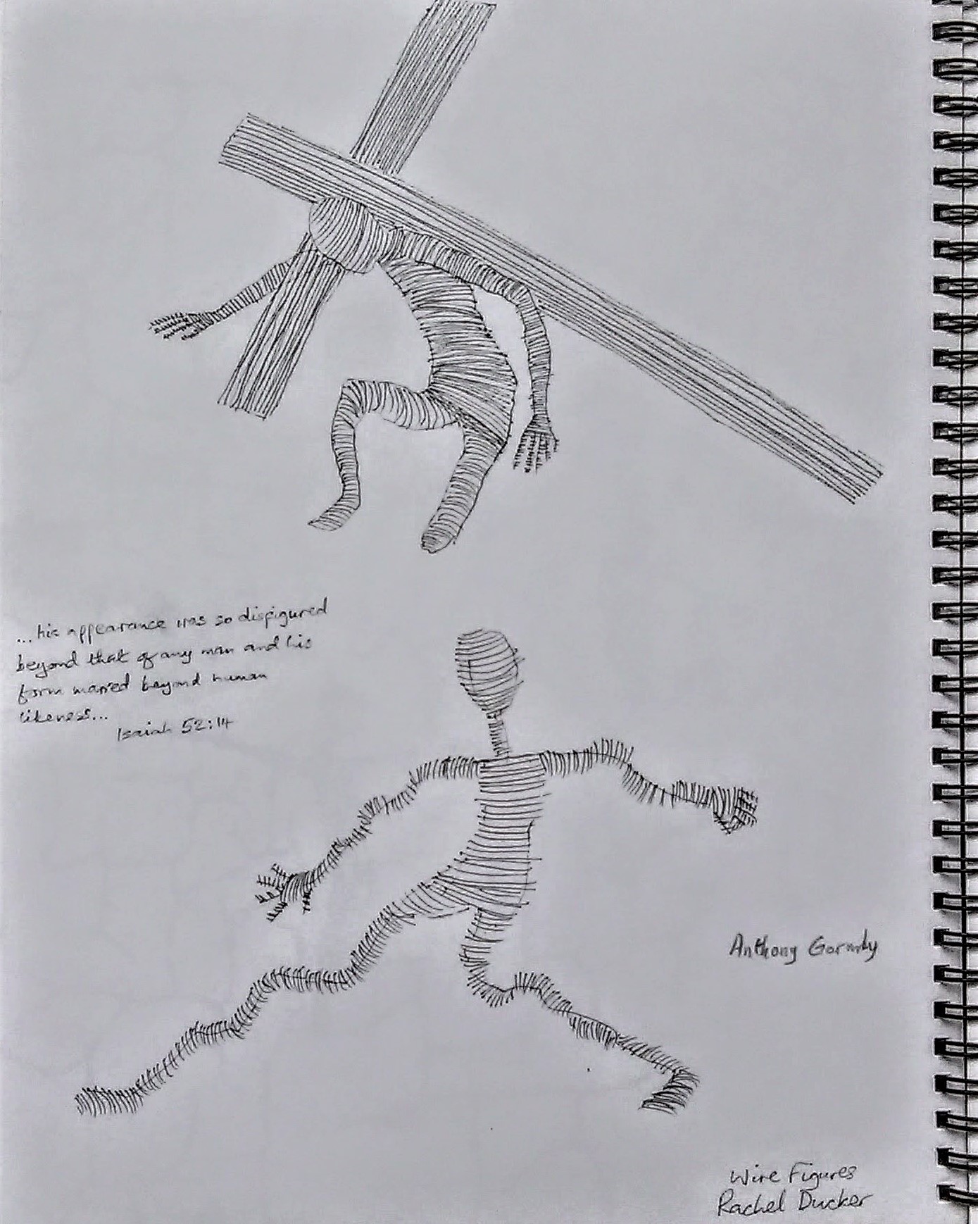 Sketchbook drawings with notes of figures inspired by sculptor Rachel Ducker and Isaiah 52:14