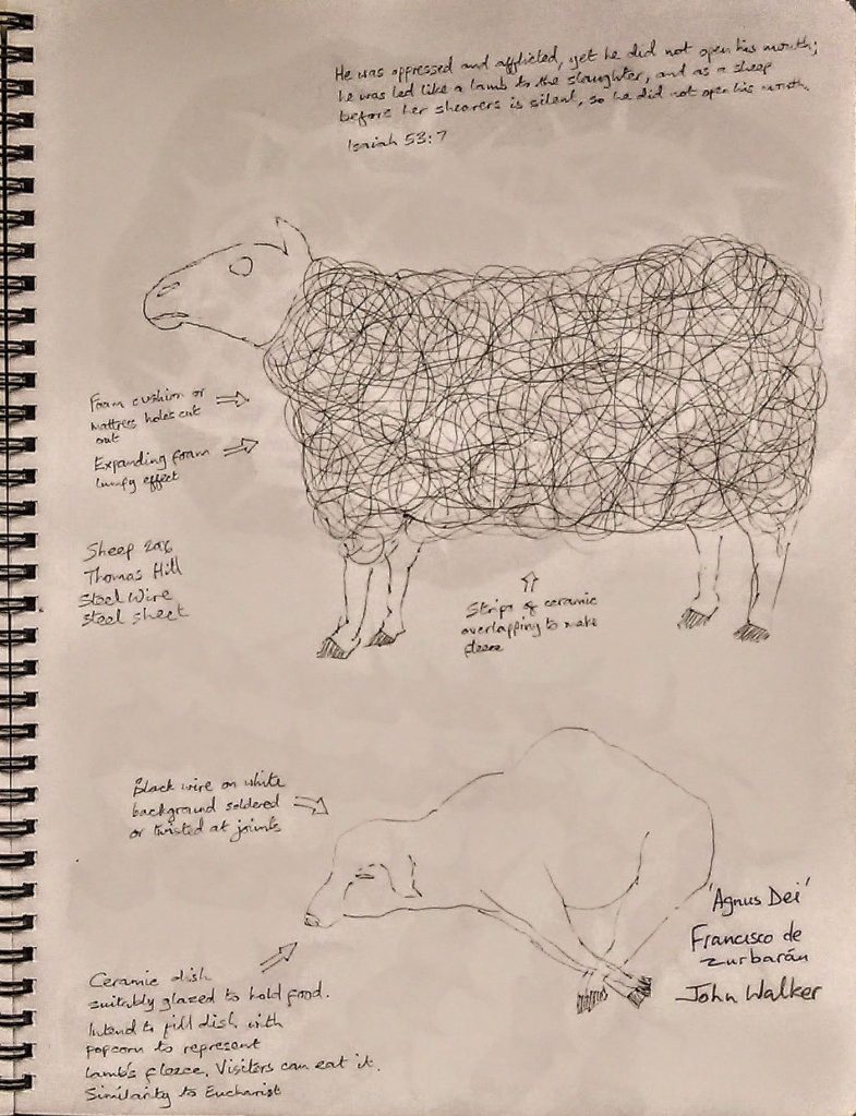 Sketchbook drawings of sheep with written notes representing artists Thomas Hill and Francisco de Zurbaran