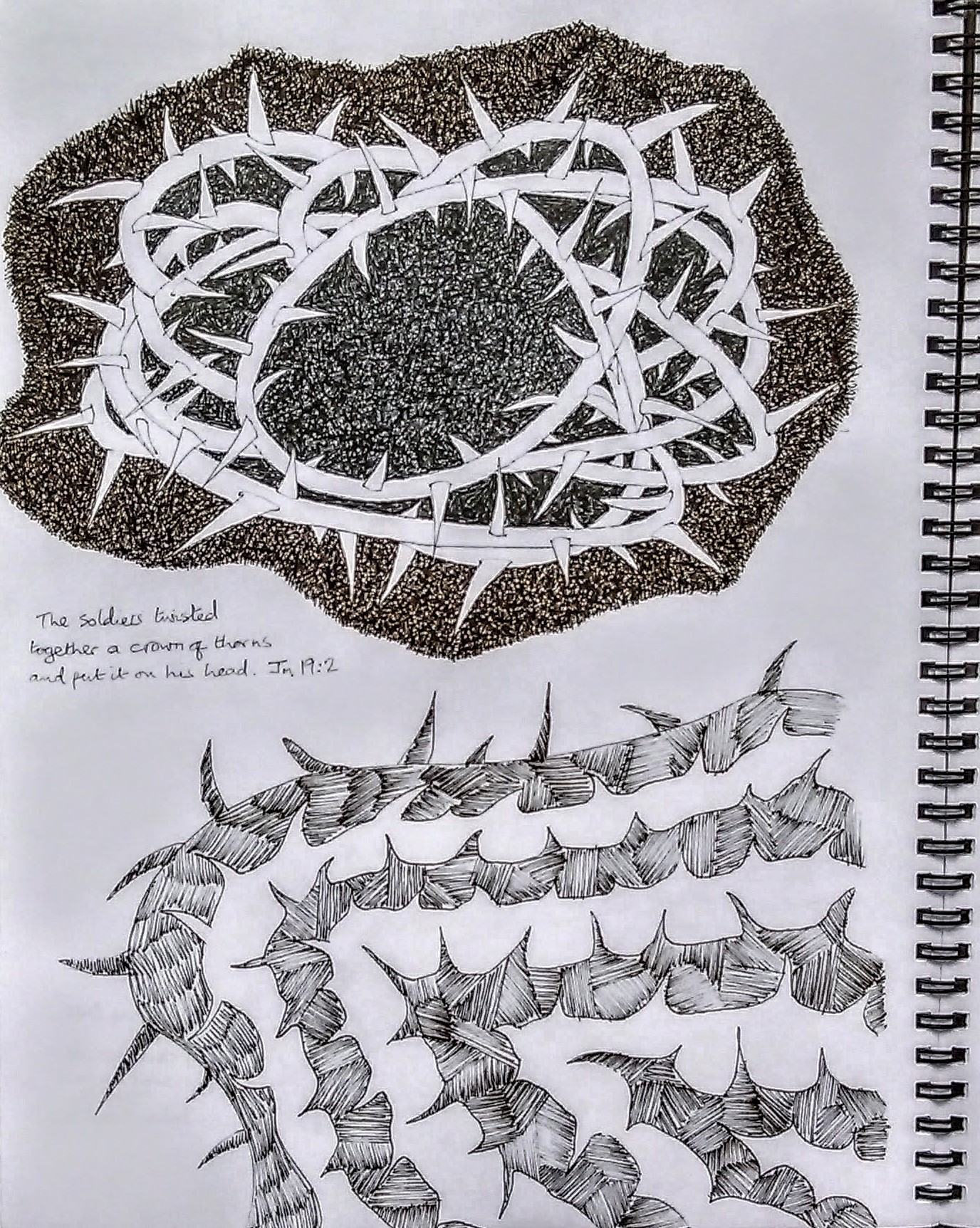 Sketchbook drawings of crown of thorns with written notes of John's gospel 19:2